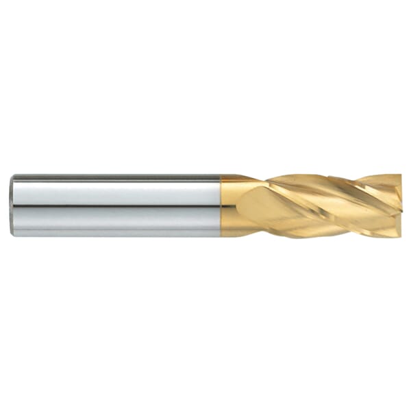 GARR 13373 230MT Center Cutting Square End Standard Length End Mill, 1 in Dia Cutter, 1-1/2 in Length of Cut, 4 Flutes, 1 in Dia Shank, 4 in OAL, TiN Coated