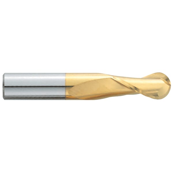 GARR 16113 320MT Ball Nose Center Cutting Standard Length End Mill, 3/16 in Dia Cutter, 5/8 in Length of Cut, 2 Flutes, 3/16 in Dia Shank, 2 in OAL, TiN Coated