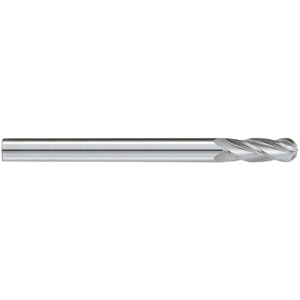 GARR 44030 730M Ball End Center Cutting Extra Length Ball End Mill, 1/8 in Dia Cutter, 1 in Length of Cut, 4 Flutes, 1/8 in Dia Shank, 3 in OAL, Uncoated