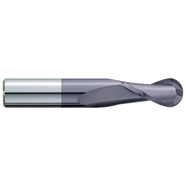GARR 16047 320MA Ball Nose Center Cutting Standard Length End Mill, 5/64 in Dia Cutter, 1/4 in Length of Cut, 2 Flutes, 1/8 in Dia Shank, 1-1/2 in OAL, TiAlN Coated