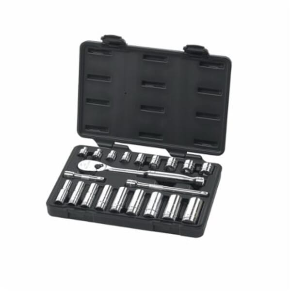 GEARWRENCH 80557 Socket Set, ASME B107.1/B1007.10, 6, 12 Points, 3/8 in Drive, 21 Pieces, Included Socket Size: 3/8 to 3/4 in, Blow Molded Case Container