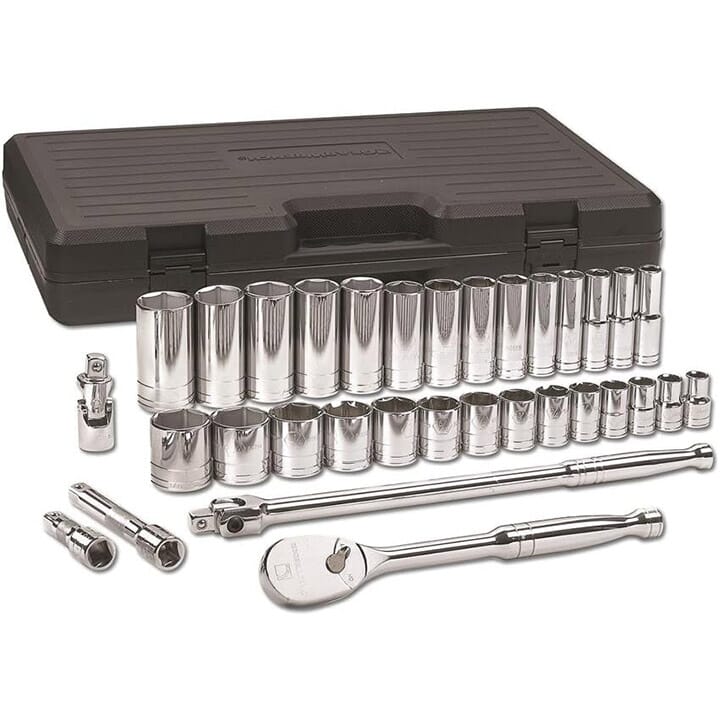 GEARWRENCH 80715 Mechanics Socket Set, ASME B107.1/B107.10, 6 Points, 1/4 in, 3/8 in, 1/2 in Drive, 33 Pieces, Blow Molded Case Container