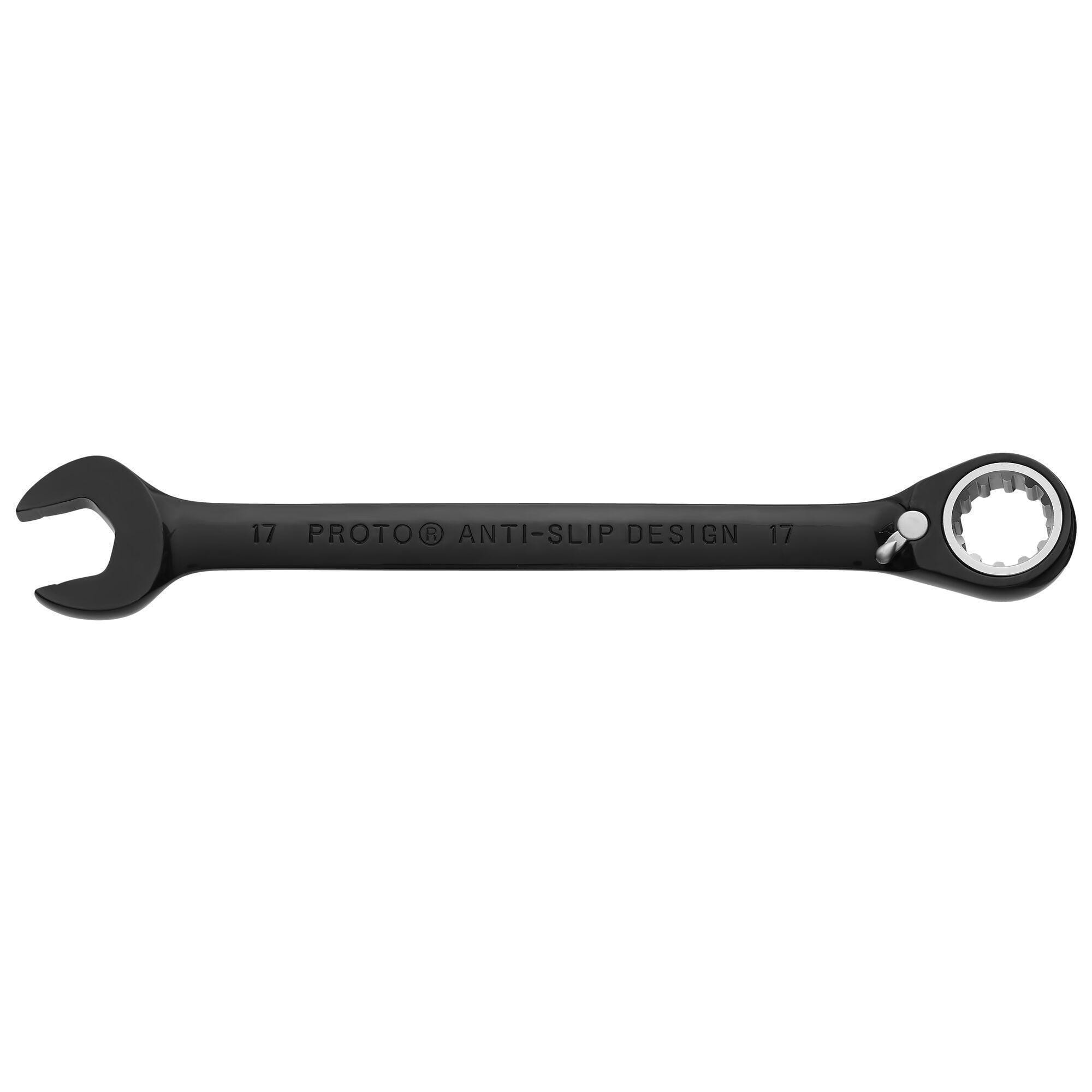 Proto JSCVM17 Reversible Combination Wrench, Metric, 17 mm, 12 Points, 15 deg Offset, 8-7/8 in OAL, Chrome Vanadium Steel, Polished Chrome/Black, ASME Specified